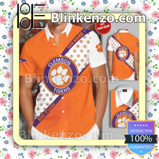Personalized Clemson Tigers Big Logo Orange White Summer Hawaiian Shirt, Mens Shorts