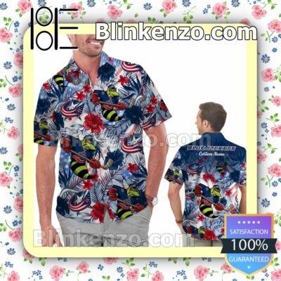 Personalized Columbus Blue Jackets Tropical Floral America Flag Mens Shirt, Swim Trunk