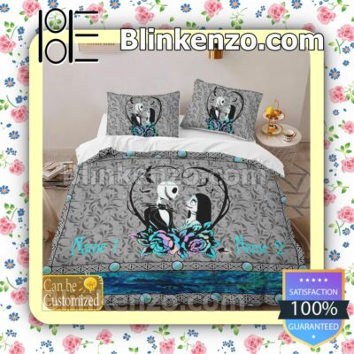 Personalized Couple Romantic Love Jack And Sally Queen King Quilt Blanket Set b