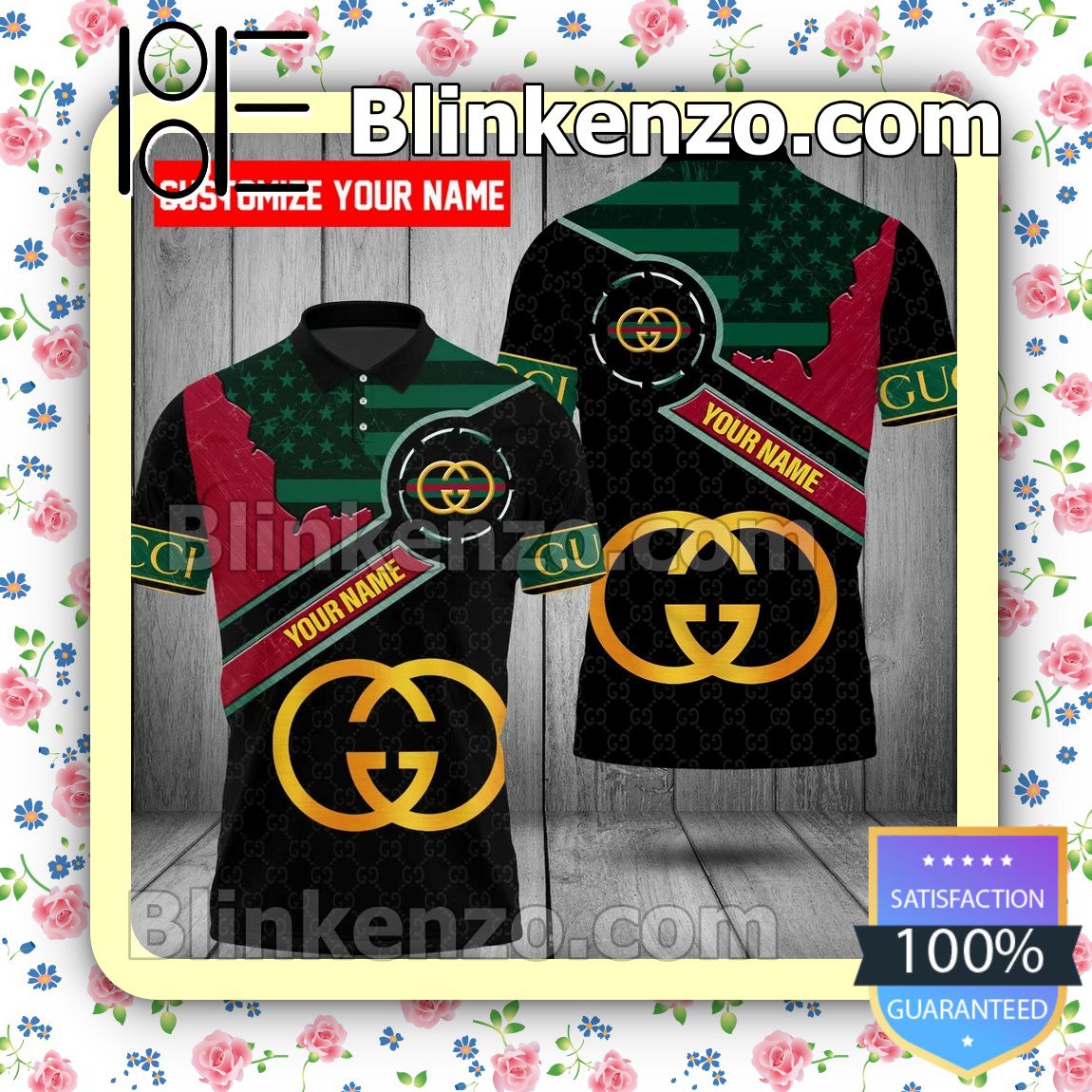 Personalized Gucci Black Monogram American Flag Embroidered Polo Shirts