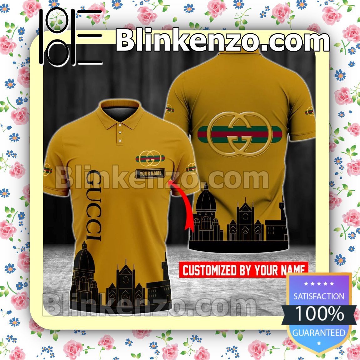 Personalized Gucci Florence City Silhouette Golden Embroidered Polo Shirts