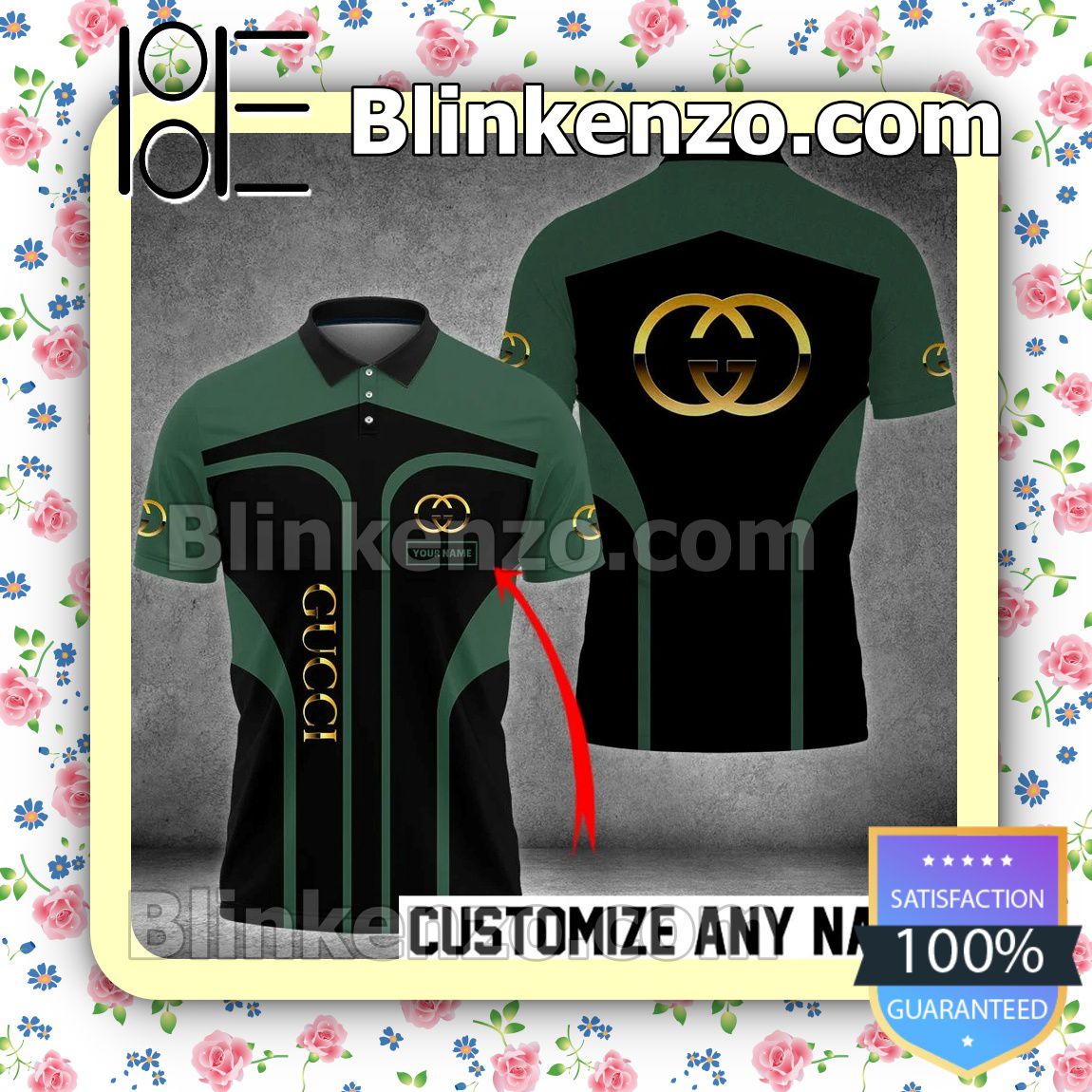 Present Personalized Gucci Gold Logo Black Mix Green Embroidered Polo Shirts