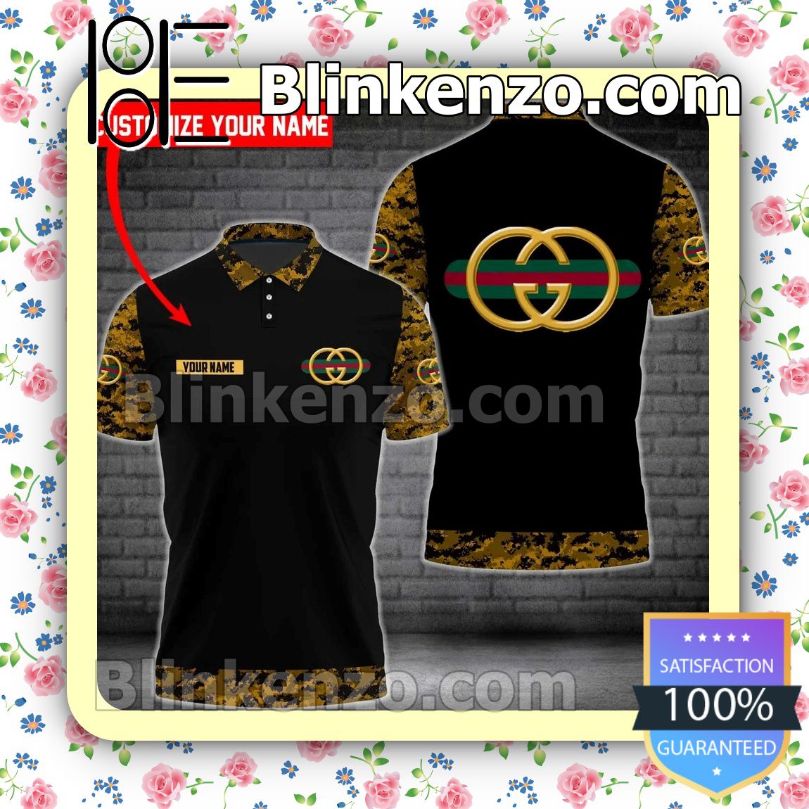  Ships From USA Personalized Gucci Stripe Logo With Camouflage Black Embroidered Polo Shirts