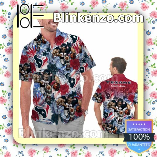 Personalized Houston Texans Tropical Floral America Flag Aloha Mens Shirt, Swim Trunk