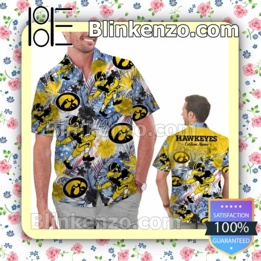 Personalized Iowa Hawkeyes Tropical Floral America Flag For NCAA Football Lovers Mens Shirt, Swim Trunk