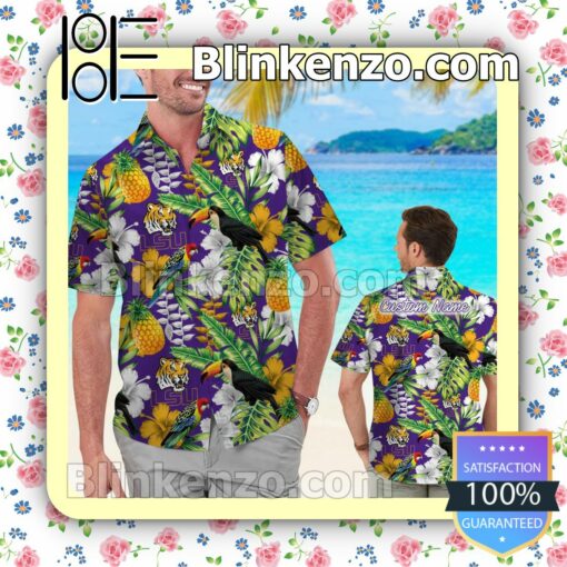 Personalized LSU Tigers Parrot Floral Tropical Mens Shirt, Swim Trunk