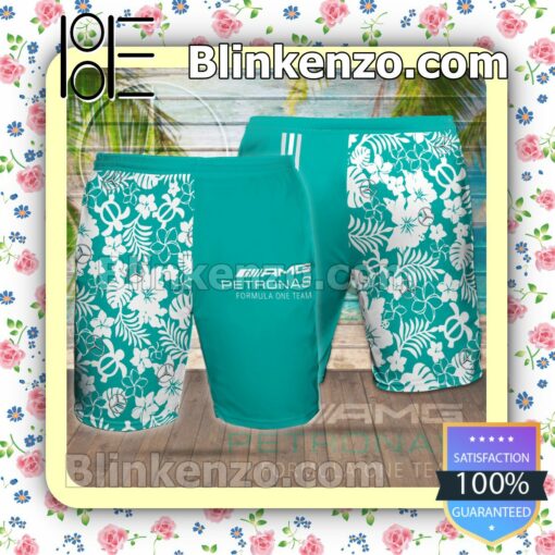 Personalized Mercedes AMG Petronas F1 Flowery Turquoise Summer Hawaiian Shirt, Mens Shorts a