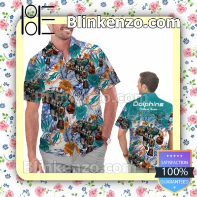 Personalized Miami Dolphins Tropical Floral America Flag Aloha Mens Shirt, Swim Trunk