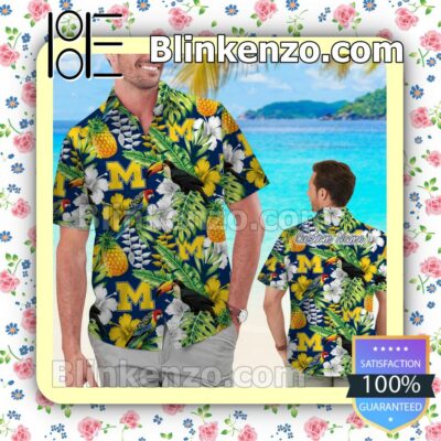 Personalized Michigan Wolverines Parrot Floral Tropical Mens Shirt, Swim Trunk