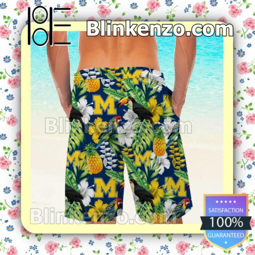 Personalized Michigan Wolverines Parrot Floral Tropical Mens Shirt, Swim Trunk a