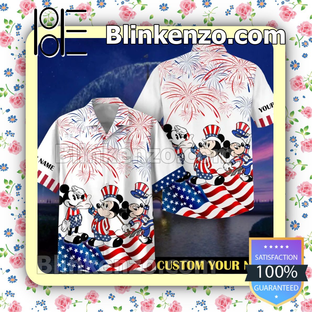 Personalized Mickey American Flag Firework Independence Day Men's Button-Down Shirts