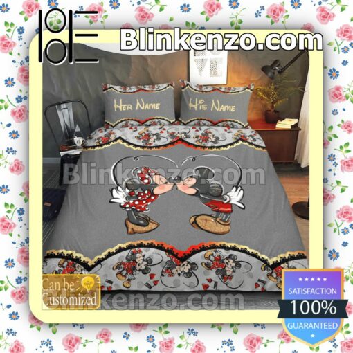 Personalized Mickey Kiss Minnie You And Me We Got This Grey Queen King Quilt Blanket Set a