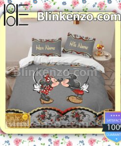 Personalized Mickey Kiss Minnie You And Me We Got This Grey Queen King Quilt Blanket Set b