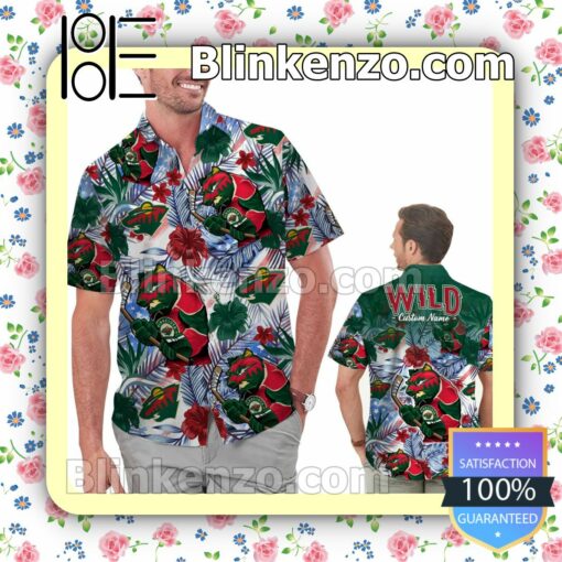 Personalized Minnesota Wild Tropical Floral America Flag Mens Shirt, Swim Trunk