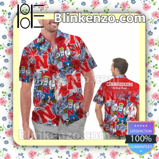 Personalized Nebraska Cornhuskers Tropical Floral America Flag For NCAA Football Lovers Mens Shirt, Swim Trunk