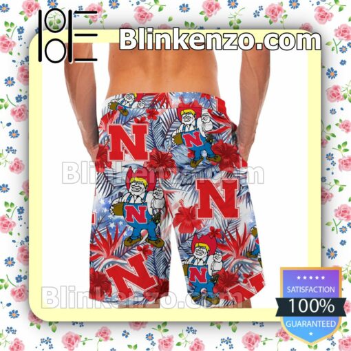 Personalized Nebraska Cornhuskers Tropical Floral America Flag For NCAA Football Lovers Mens Shirt, Swim Trunk a
