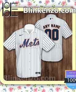 Personalized New York Mets Baseball Pinstripe Baseball White Summer Hawaiian Shirt, Mens Shorts
