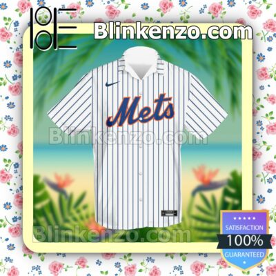 Personalized New York Mets Baseball Pinstripe Baseball White Summer Hawaiian Shirt, Mens Shorts a