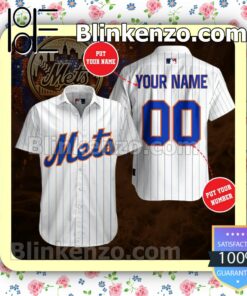 Personalized New York Mets Pinstripe White Summer Hawaiian Shirt, Mens Shorts