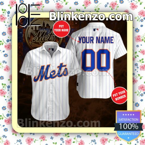 Personalized New York Mets Pinstripe White Summer Hawaiian Shirt, Mens Shorts a