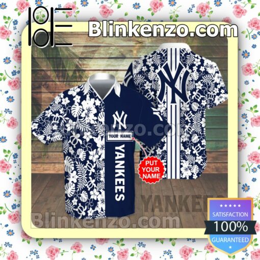 Personalized New York Yankees Flowery Navy Summer Hawaiian Shirt, Mens Shorts