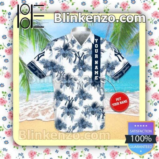 Personalized New York Yankees Palm Leaves White Summer Hawaiian Shirt, Mens Shorts