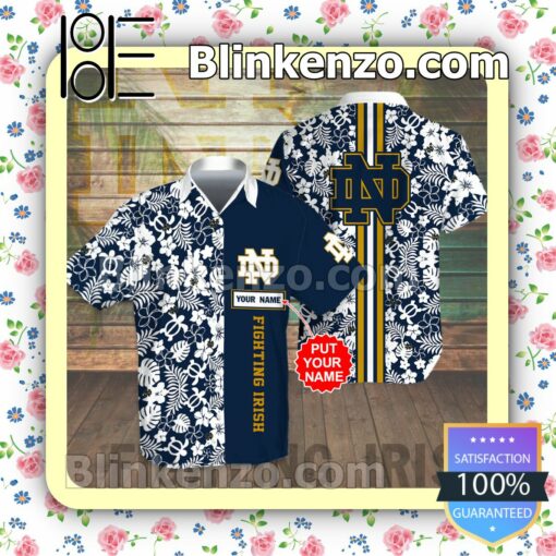 Personalized Notre Dame Fighting Irish Flowery Navy Summer Hawaiian Shirt, Mens Shorts