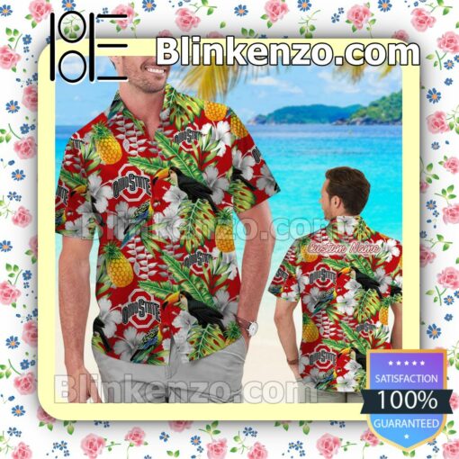 Personalized Ohio State Buckeyes Parrot Floral Tropical Mens Shirt, Swim Trunk