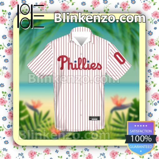 Personalized Philadelphia Phillies Baseball Pinstripe White Red Summer Hawaiian Shirt, Mens Shorts a