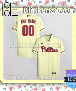 Personalized Philadelphia Phillies Beige Summer Hawaiian Shirt, Mens Shorts a