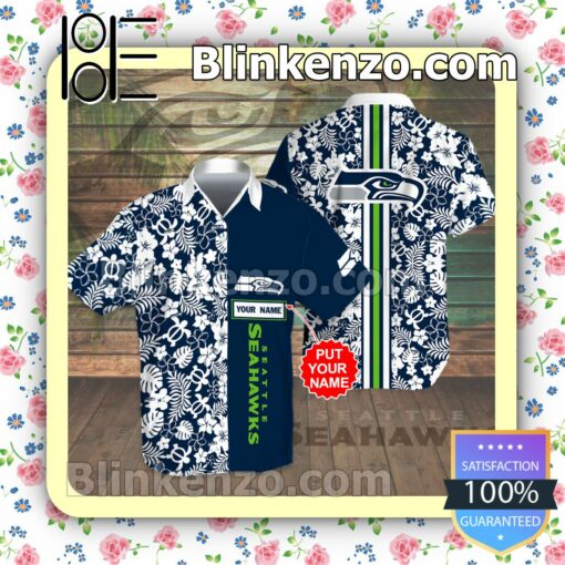Personalized Seattle Seahawks Flowery Navy Summer Hawaiian Shirt, Mens Shorts