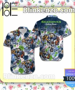 Personalized Seattle Seahawks Tropical Floral America Flag Aloha Mens Shirt, Swim Trunk a