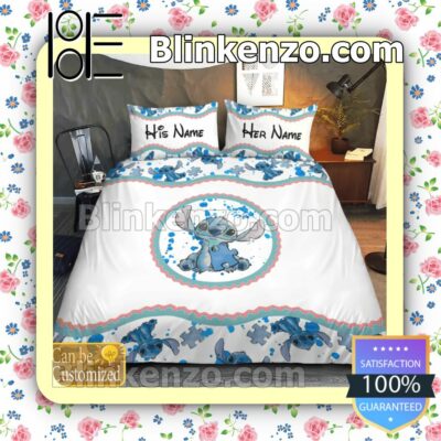 Personalized Stitch Autism Awareness Blue White Queen King Quilt Blanket Set a