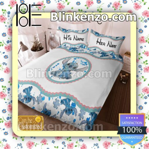 Personalized Stitch Autism Awareness Blue White Queen King Quilt Blanket Set c