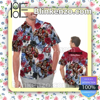 Personalized Tampa Bay Buccaneers Tropical Floral America Flag Aloha Mens Shirt, Swim Trunk