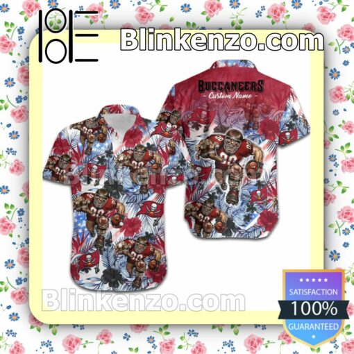 Personalized Tampa Bay Buccaneers Tropical Floral America Flag Aloha Mens Shirt, Swim Trunk a