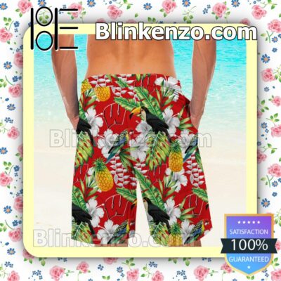 Personalized Wisconsin Badgers Parrot Floral Tropical Mens Shirt, Swim Trunk a