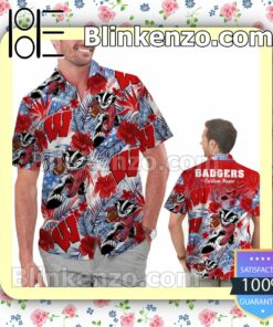 Personalized Wisconsin Badgers Tropical Floral America Flag For NCAA Football Lovers Mens Shirt, Swim Trunk