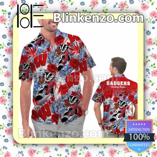 Personalized Wisconsin Badgers Tropical Floral America Flag For NCAA Football Lovers Mens Shirt, Swim Trunk