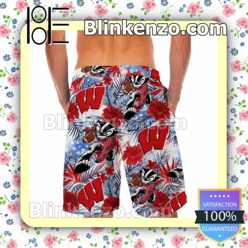 Personalized Wisconsin Badgers Tropical Floral America Flag For NCAA Football Lovers Mens Shirt, Swim Trunk a