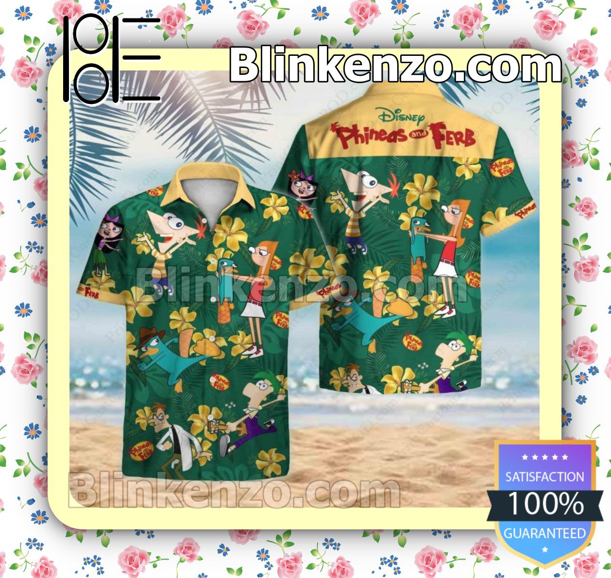 Phineas And Ferb Tropical Forest Green Summer Hawaiian Shirt, Mens Shorts