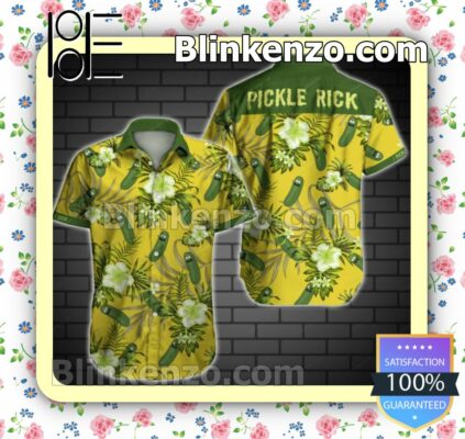 Pickle Rick Green Tropical Floral Yellow Summer Shirt