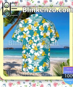 Pikachu Pokemon Floral Pattern Teal Summer Hawaiian Shirt, Mens Shorts a