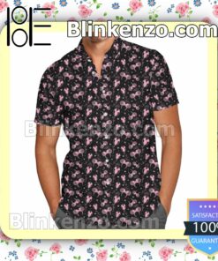 Pink Minnie Ears Pattern Disney Cartoon Graphics Black Summer Hawaiian Shirt, Mens Shorts