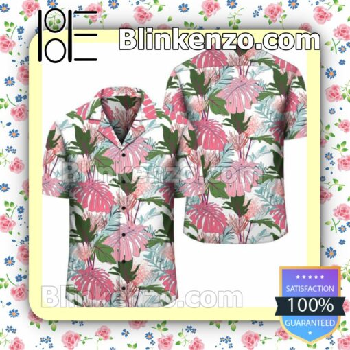 Pink Monstera And Green Tropical Leaves White Summer Shirt