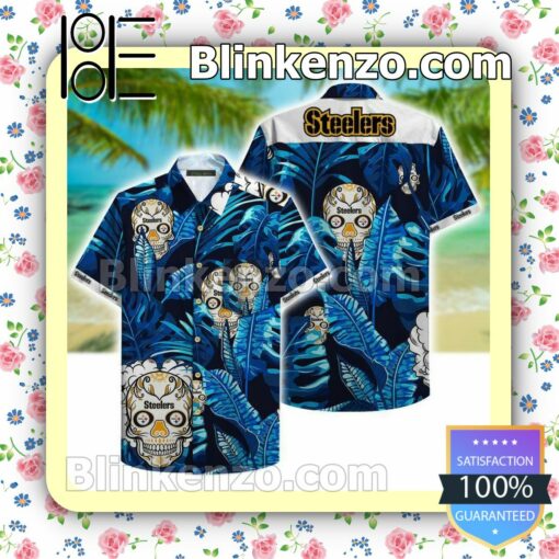 Pittsburgh Steelers Sugar Skull Behind Blue Leaves Summer Shirts