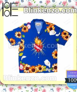 Pleasures Heart Button Down Blue Summer Hawaiian Shirt, Mens Shorts