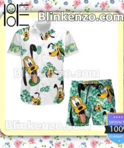 Pluto Dog Hibicus Disney Cartoon Graphics White Green Summer Hawaiian Shirt