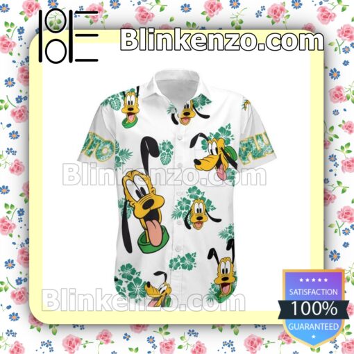 Pluto Dog Hibicus Disney Cartoon Graphics White Green Summer Hawaiian Shirt a