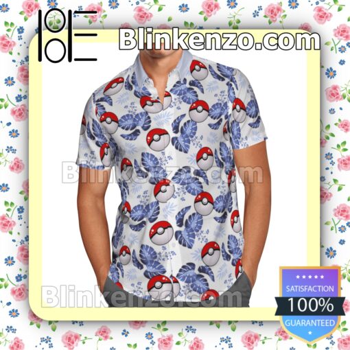 Pokeball Pokemon Leaves Pattern White Summer Hawaiian Shirt a